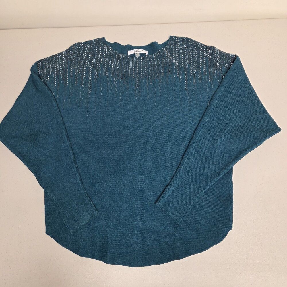 Liquid Stoni Women Sweater Size M Teal Batwing Rhinestones Oversize Fit Pullover